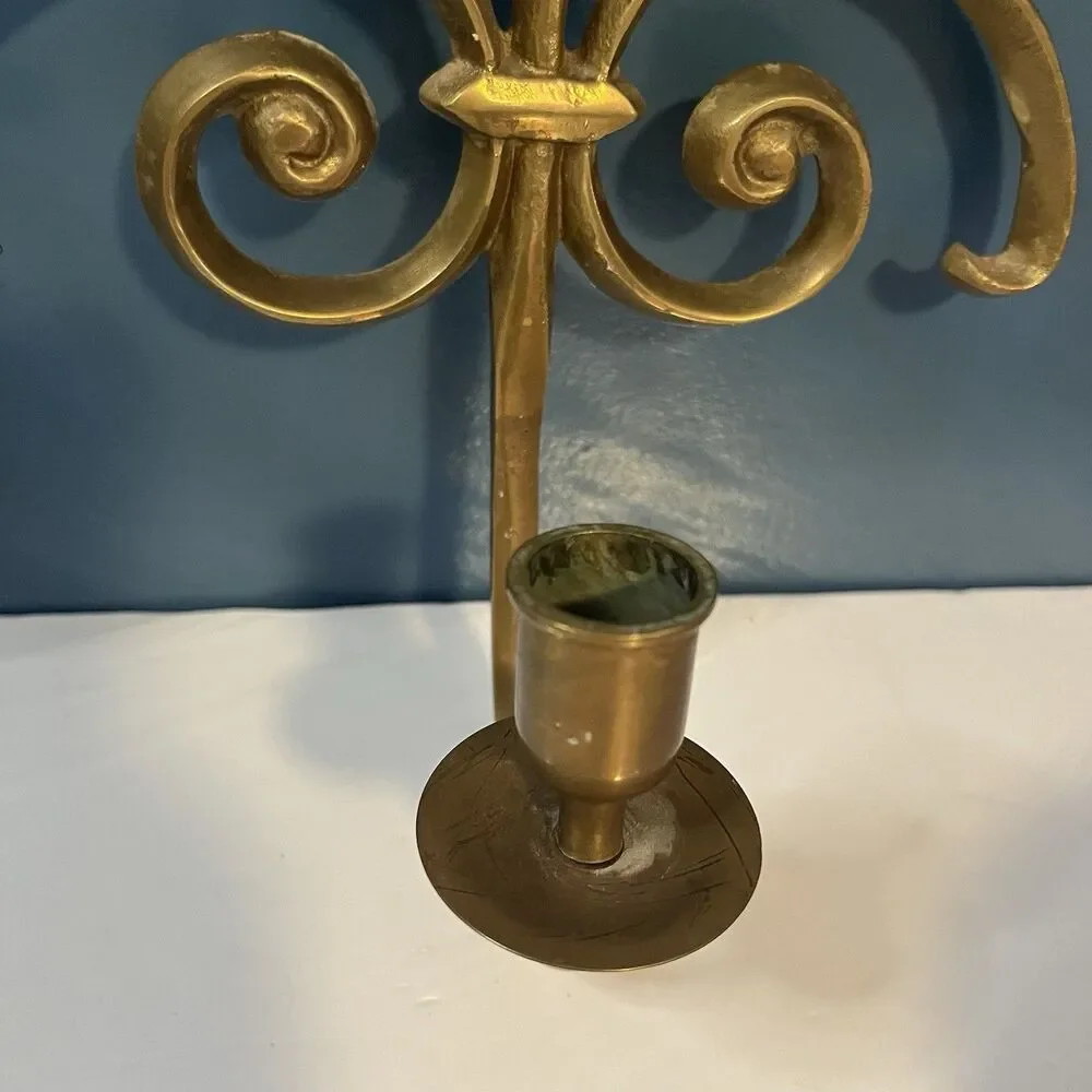 Solid Brass Wall Mounted Sconces Pair Scroll Design 90’s Single Candlestick